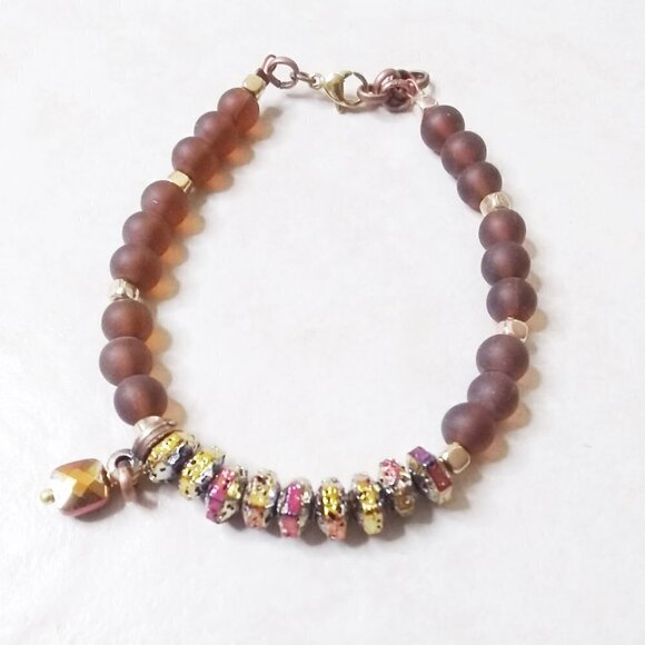 Brown & Gold Hues! Slim Bracelet! Recycled Glass + Electroplated Lava Beads - Picture 2 of 8